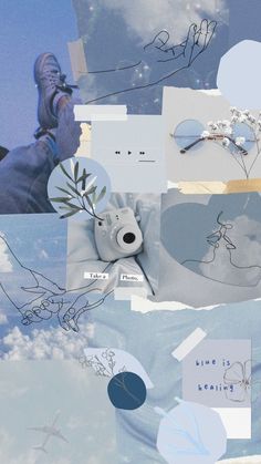 a collage of blue and white images