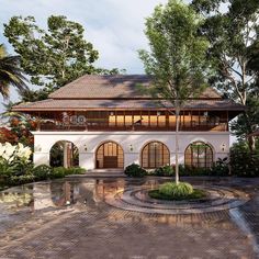 an artist's rendering of a house in the middle of a courtyard with trees around it