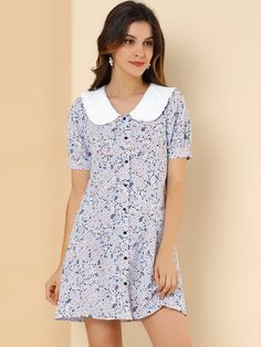 Shop Allegra K for peter pan collar flowy short sleeve ruffle summer floral shirt dress you are looking for, get more women's dresses for yourelf. Order now! Free Returns! Short Sleeve Floral Dress, Short Sleeve Dress Shirt, Flowy Shorts, Floral Shirt Dress, Mini Skater Dress, Poplin Dress, Chiffon Ruffle, Cute Summer Dresses, Dress Purple