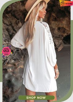 White Split Neck Lace Shoulder Beach Dress Ruffle Midi Dress, Party Dress Long Sleeve, Cotton Midi Dress, Puff Sleeve Dresses, By Your Side, Boho Maxi Dress, Party Dress Long, Cover Up Dress, Two Piece Dress