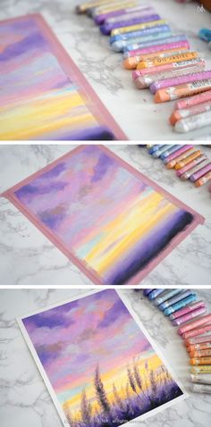 three pictures of different colored crayons and pencils on top of a table