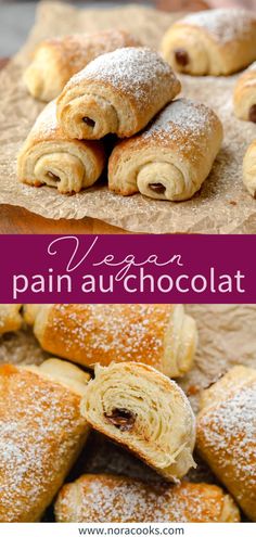 several pastries are stacked on top of each other with the words vegan au chocolat