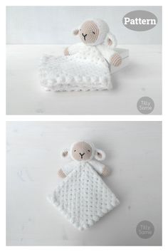 crocheted sheep laying on top of a blanket with the words pattern below it