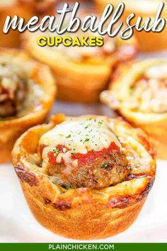 meatball sub cupcakes with cheese and sauce in them on a white plate