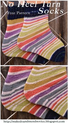 three socks that have been knitted in different colors and patterns, with the words no heel