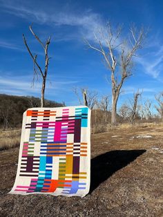 a colorful quilt sitting on the ground in front of some bare trees and blue sky