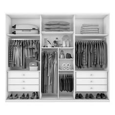 an open white closet with clothes and shoes on the shelves, all in black and white