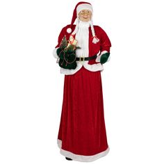 a statue of santa claus holding a christmas tree and presents in his hand on a white background