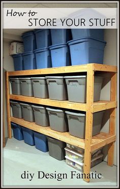 the shelves are filled with plastic buckets and bins for storing items or other things