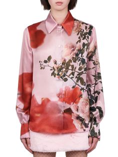 Silk Rose Print Shirt (2C03A-146-PINK) Designer Lapel Collar Top For Spring, Designer Tops With Lapel Collar For Spring, Spring Formal Shirt With Cuffed Sleeves, Designer Top With Lapel Collar For Spring, Formal Floral Print Top With Spread Collar, Formal Shirt With Cuffed Sleeves For Spring, Spring Long Sleeve Silk Shirt, Elegant Shirt With Floral Print And Spread Collar, Silk Long Sleeve Shirt For Spring