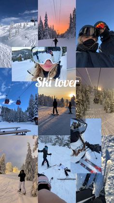 a collage of photos with people skiing and snowboarding in the mountains, trees, and ski lift