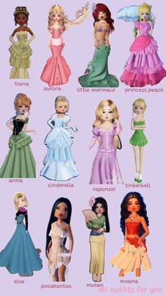 many different types of barbie dolls are shown in this graphic style, with the names on them