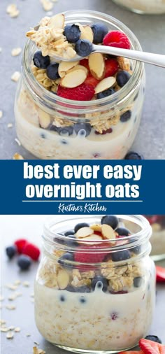 overnight oatmeal with berries and nuts in a glass jar