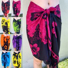 "Half Size Sarong 100% rayon material size: 67\" x 20\" wrap into a skirt or strapless top also can be used as a shawl, thin curtain, or wall tapestry" Hawaiian Swimwear, Hawaiian Skirt, Pareo Skirt, Hawaiian Design, Hawaiian Designs, Hawaiian Hibiscus, White Hibiscus, Sarong Skirt, Skirt Wrap