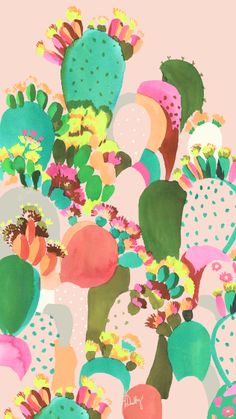 a painting of cactuses and flowers on a pink background