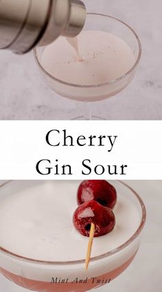 cherry gin sour cocktail in a martini glass with cherries on the rim and text overlay that reads cherry gin sour