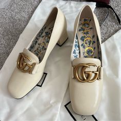 New With Box And Dust Bags Size Gucci 37 100% Authentic Elegant Beige Gucci Heels, Gucci Luxury Square Toe Heels, Gucci Beige Leather Heels, High Heeled Loafers, Diamond High Heels, High Heel Loafers, Women Heel, Sequin Heels, Gucci Heels