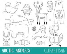 the arctic animals clipart set includes an animal, fish, and whale silhouettes