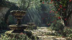 an artistic painting of a garden with flowers and a fountain in the foreground, surrounded by greenery