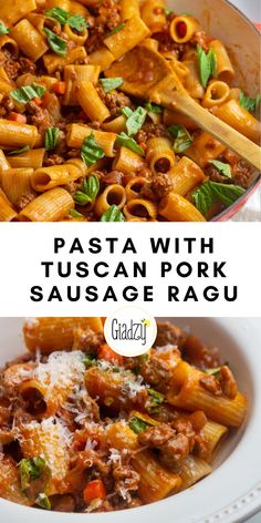 pasta with tuscani pork sausage and ragu in a white bowl on a table