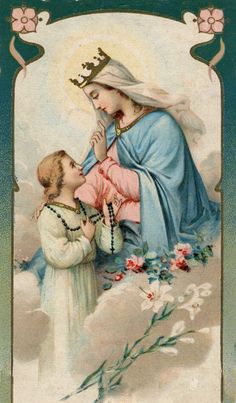 an image of the virgin mary and child jesus with flowers on it's head