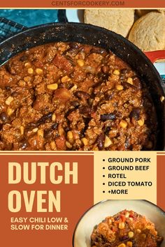 an advertisement for dutch oven with meat and vegetables in the bowl, along with other food items