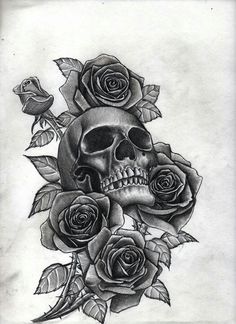 a drawing of a skull with roses on it