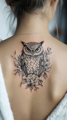 an owl tattoo on the back of a woman's neck, with leaves and flowers around it