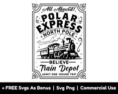 the polar express train logo is shown in black and white, with an ornate frame around it