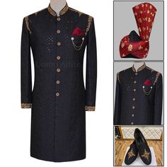 Embroidered Classic Black Wedding Sherwani for Groom Complete Package Wedding Sherwani For Groom, Black Sherwani, Sherwani For Groom, Wedding Kurta, Wedding Kurta For Men, Wedding Outfits For Groom, Sherwani Groom, Wedding Sherwani, Wedding Outfits