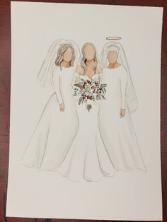 a drawing of three women in wedding dresses