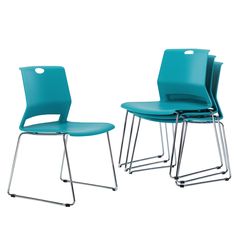 three blue chairs sitting next to each other on top of a white surface with metal legs