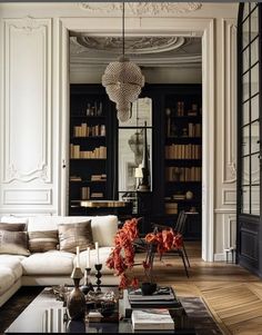 a living room filled with furniture and bookshelves