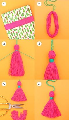 instructions to make tassels with yarn, scissors and thread on an orange background