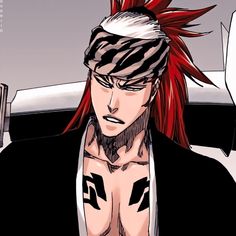 an anime character with red hair and piercings holding a cell phone to his ear