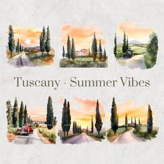 the words tuscany - summer vibes are painted in watercolor and ink