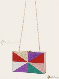 Bird in Bag - Multi-Colored Geometric Clutch Set: Acrylic Womens Wallet and Handbag, Perfect for Evening Parties and Crossbody Wear Multicolor Crossbody Clutch For Evening, Multicolor Shoulder Bag Clutch For Party, Multicolor Crossbody Clutch For Party, Multicolor Rectangular Party Bag, Modern Multicolor Rectangular Clutch, Multicolor Rectangular Box Bag For Party, Rectangular Multicolor Box Bag For Party, Square Clutch With Removable Pouch For Party, Chic Multicolor Square Box Bag