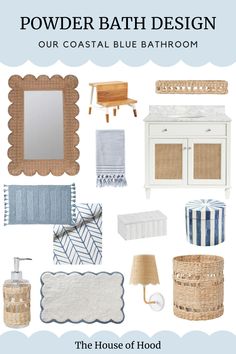 Coastal Blue Bathroom, Small Coastal Bathroom Ideas, Blue Bathroom Design, Small Coastal Bathroom, Rattan Wall Mirror, Blue Bathrooms Designs, Coastal Bathroom Decor, Blue Bathroom Decor, Rattan Wall