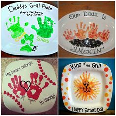 four different plates with handprints on them, one for father's day and the other for his first birthday