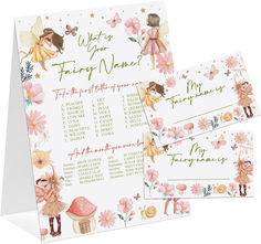 two cards with fairy names on them and pink flowers in the background, one has a little