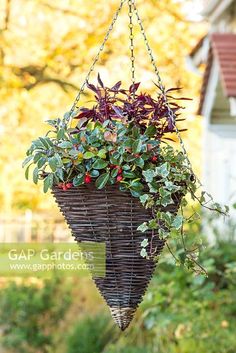 a hanging planter filled with flowers in front of a house