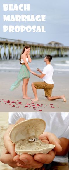 a man kneeling down next to a woman on top of a beach with the words beach marriage proposal