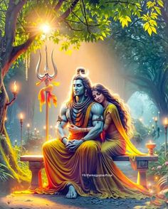 the hindu god and his wife sitting on a bench in front of trees with candles