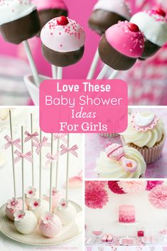 baby shower ideas for girls with pink and white cake pops, cupcakes and candy