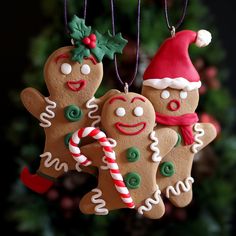 two gingerbread christmas ornaments hanging from a tree