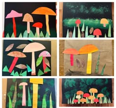 four pictures of different types of mushrooms in the woods with paper and colored pencils