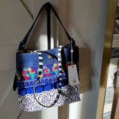 New With Tags And Dust Bag Tory Burch Tropical Bag With Beaded Details Beautiful For Vacation To Tropics Could Be Carried With The Top Handle Or On The Shoulder Blue Embroidered Bag For Daily Use, Blue Embroidered Bag For Everyday Use, Blue Embroidered Bags For Everyday Use, Everyday Blue Embroidered Bags, Embroidered Blue Bag, Blue Top Handle Hobo Bag With Detachable Handle, Blue Top Handle Shoulder Bag For Summer, Blue Leather Handle Shoulder Bag For Summer, Blue Bohemian Bags With Handles