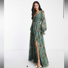 Nwot - Stunning Asos Dress. Never Worn. Asos Design Corset Detail Plunge Maxi Dress In Green With Paisley Print Boho Dress Formal, Long Sleeve Wedding Guest Dresses, Plunge Maxi Dress, Volume Sleeves, Round Of Applause, Goddess Dress, Asos Dress, Maxi Robes, Long Sleeve Wedding