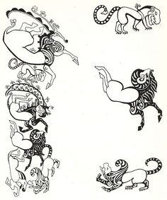 an image of four different animals in black ink on white paper, each with various designs and colors