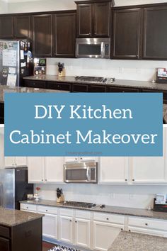 the kitchen cabinets are painted white and have blue lettering that says diy kitchen cabinet makeover